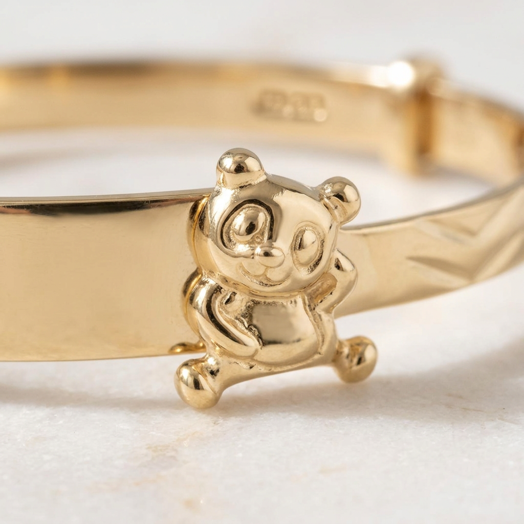 Baby ID Bangle with Teddy Bear Charm Yellow Gold