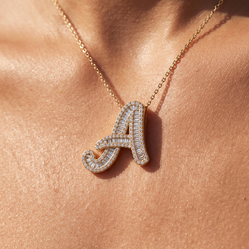 Yellow Gold Baguette Diamond Initials Pendant
