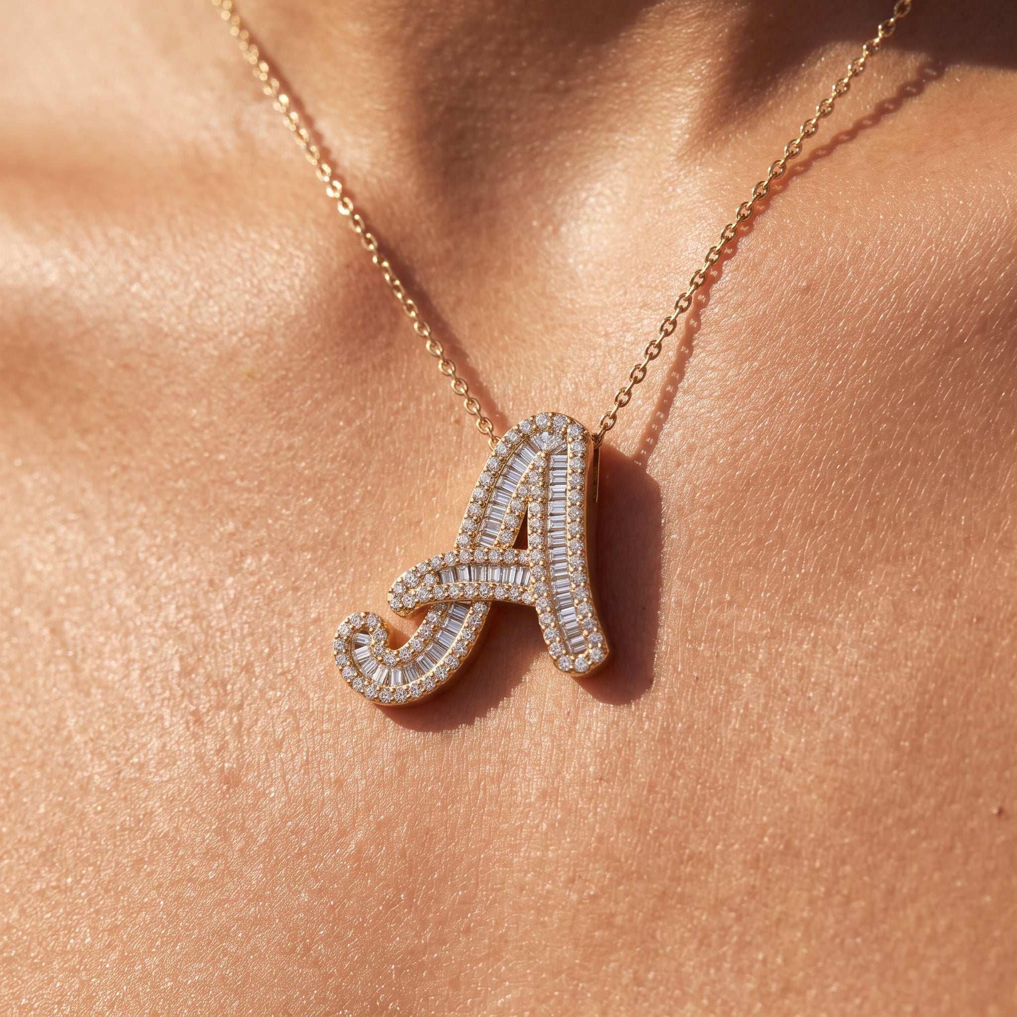 Yellow Gold Baguette Diamond Initials Pendant